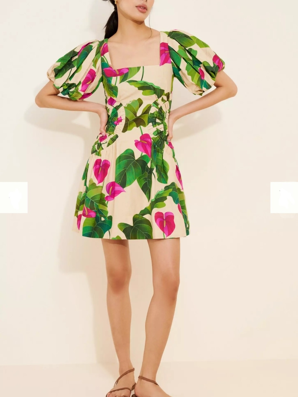 FARM Rio Cream Mini Dress with Green Leaves and Pink Florals